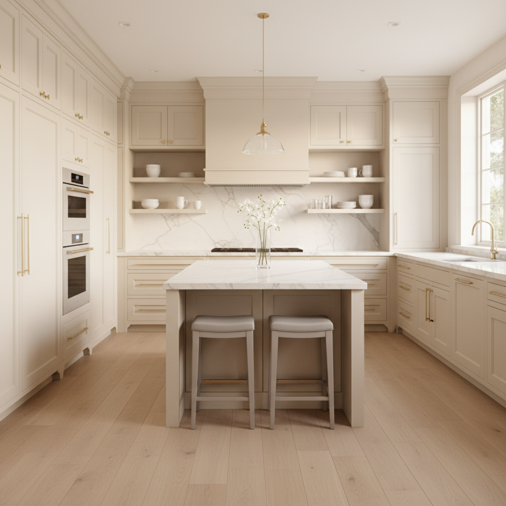 Upscale kitchen interior with integrated refrigerator and wall oven