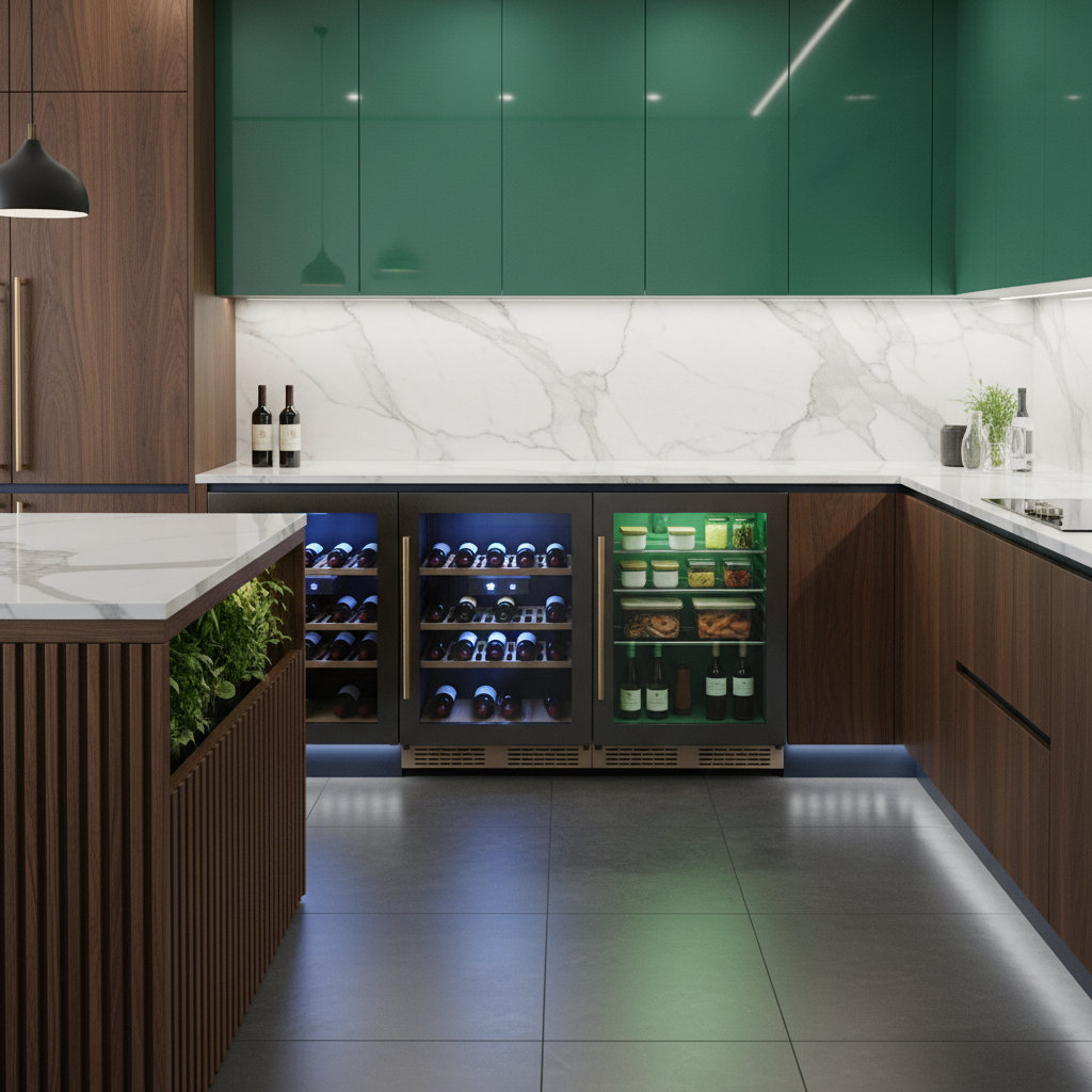 Luxury wine cooler and undercounter refrigerator in a premium kitchen